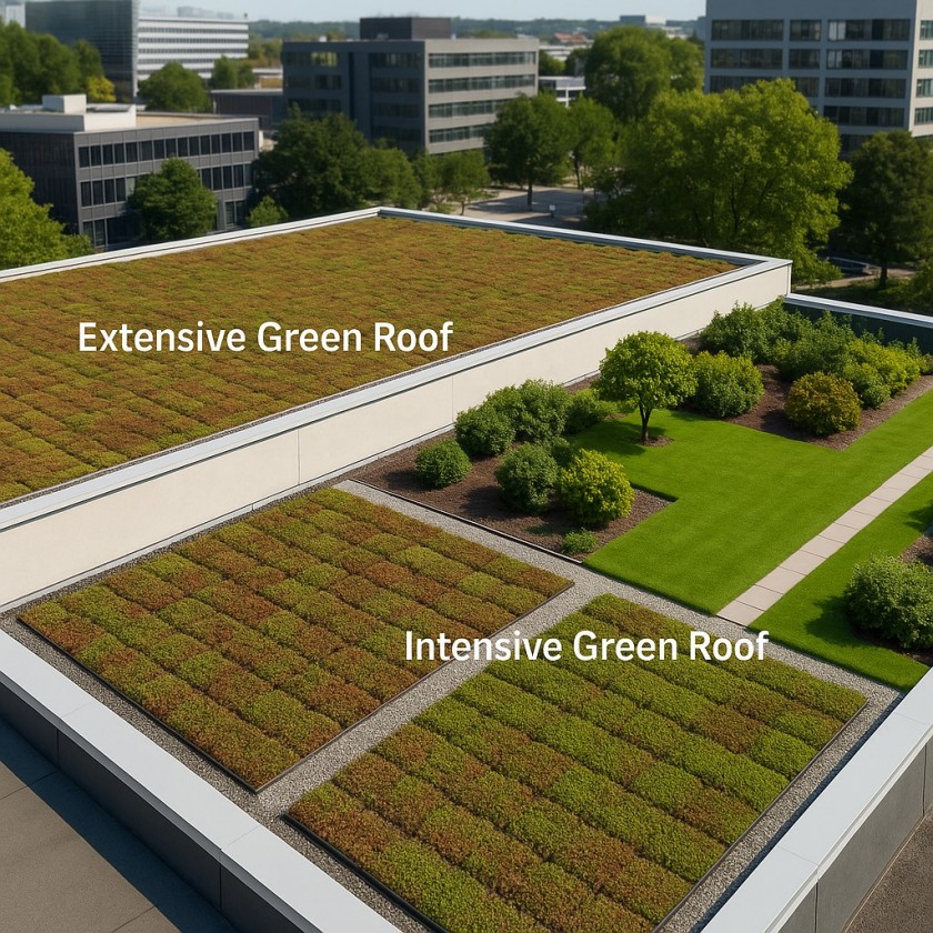Comparison of extensive and intensive green roofs showing sedum coverage and rooftop garden with shrubs