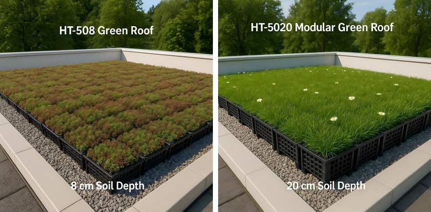 HT-508 green roof module with 8 cm soil depth planted with sedum, on a lightweight rooftop