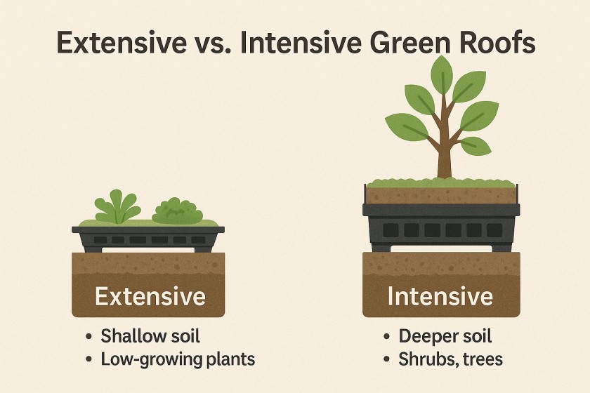 Comparison of extensive and intensive green roofs showing sedum coverage and rooftop garden with shrubs Comparison of extensive and intensive green roofs showing sedum coverage and rooftop garden with shrubs
