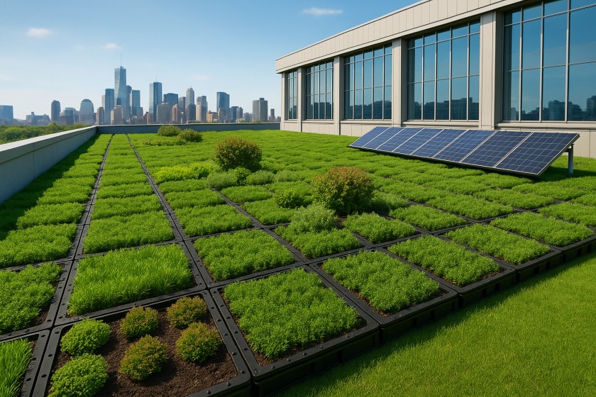 Plant diversity on HT-5020 modules including grasses, sedum mats, and compact shrubs